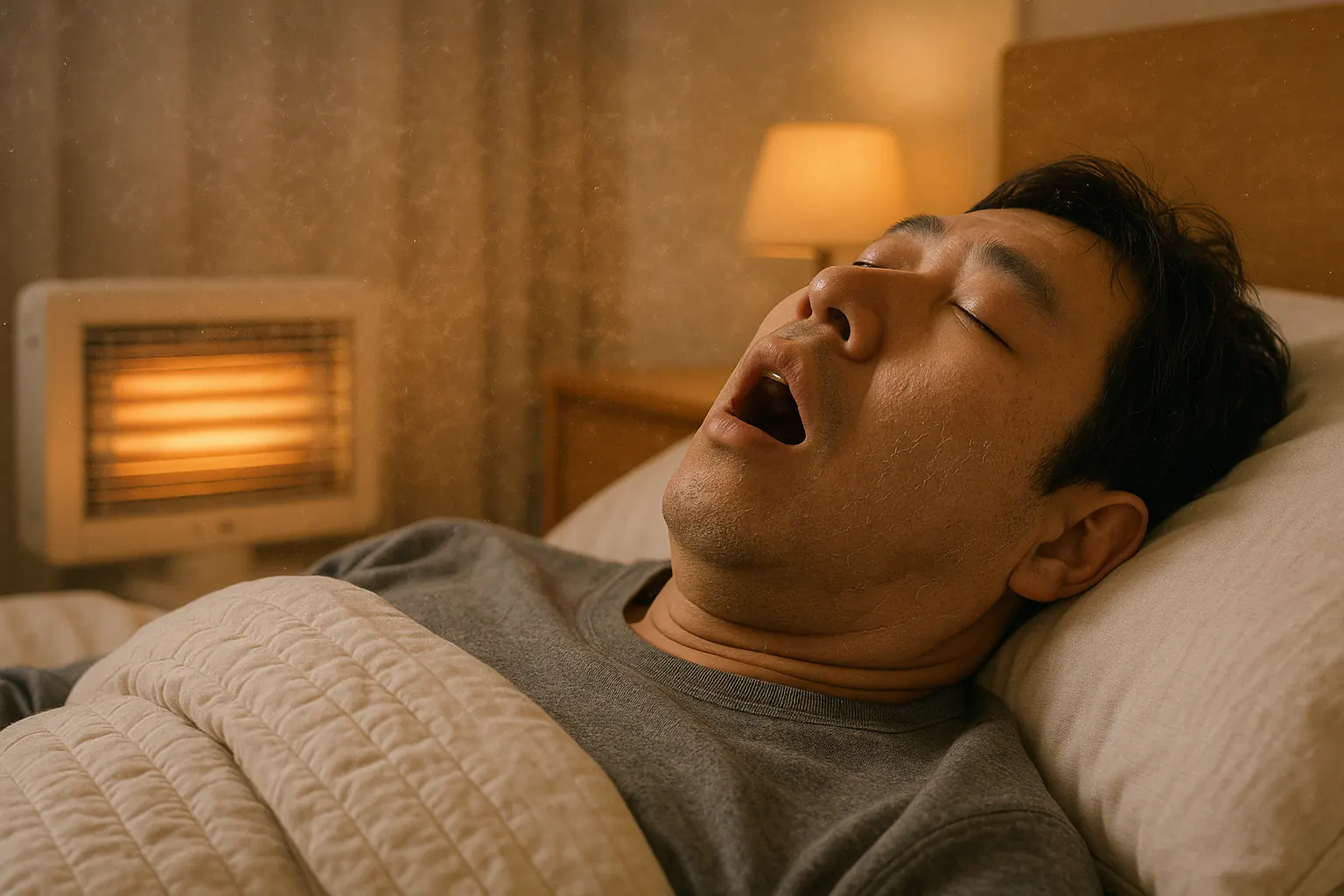 겨울철 난방된 침실, 입 벌리고 자는 사람, 건조한 공기