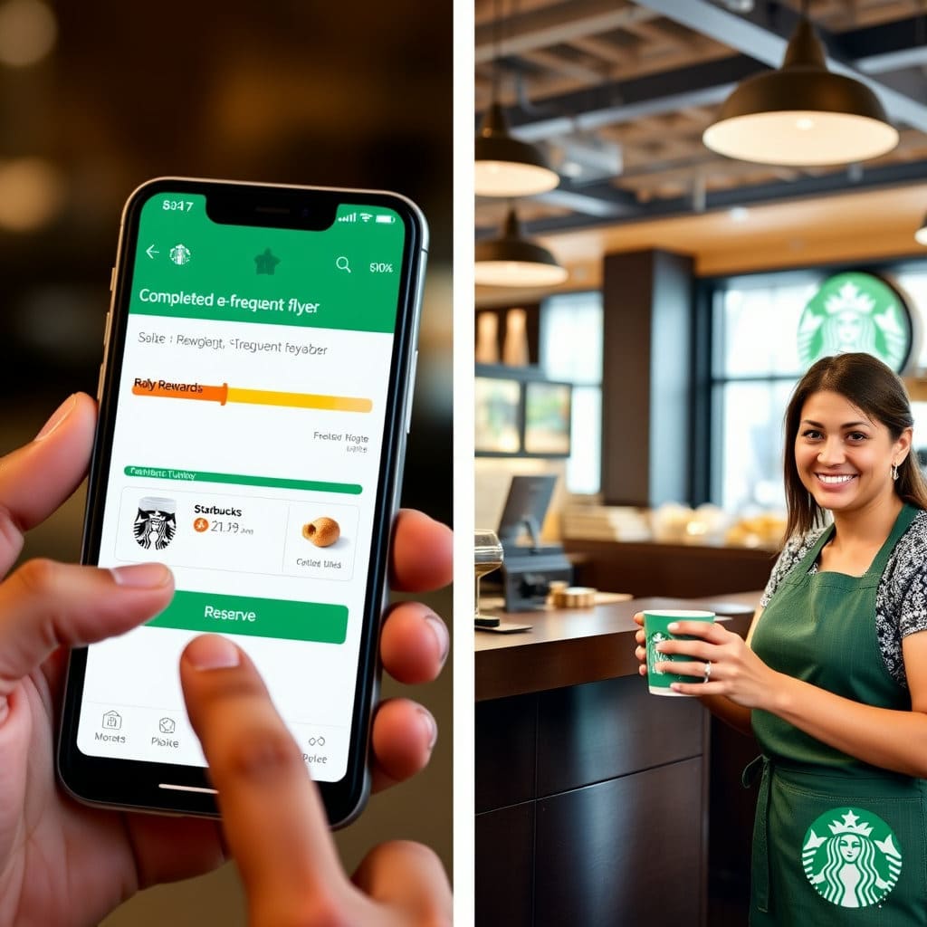 스타벅스 앱에서 e-프리퀀시를 완성하고 원하는 증정품을 선택하여 예약하는 화면과, 예약한 매장에서 증정품을 수령하는 모습을 간략한 일러스트나 사진으로 표현합니다.