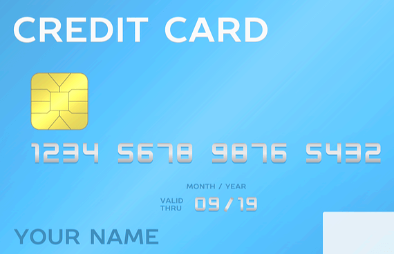 하늘색 신용카드를 크게 확대한 것으로 영문자로 크레딧 카드라고 적혀 있고, 아래에는 영어로 당신의 이름이라고 쓰여 있다.