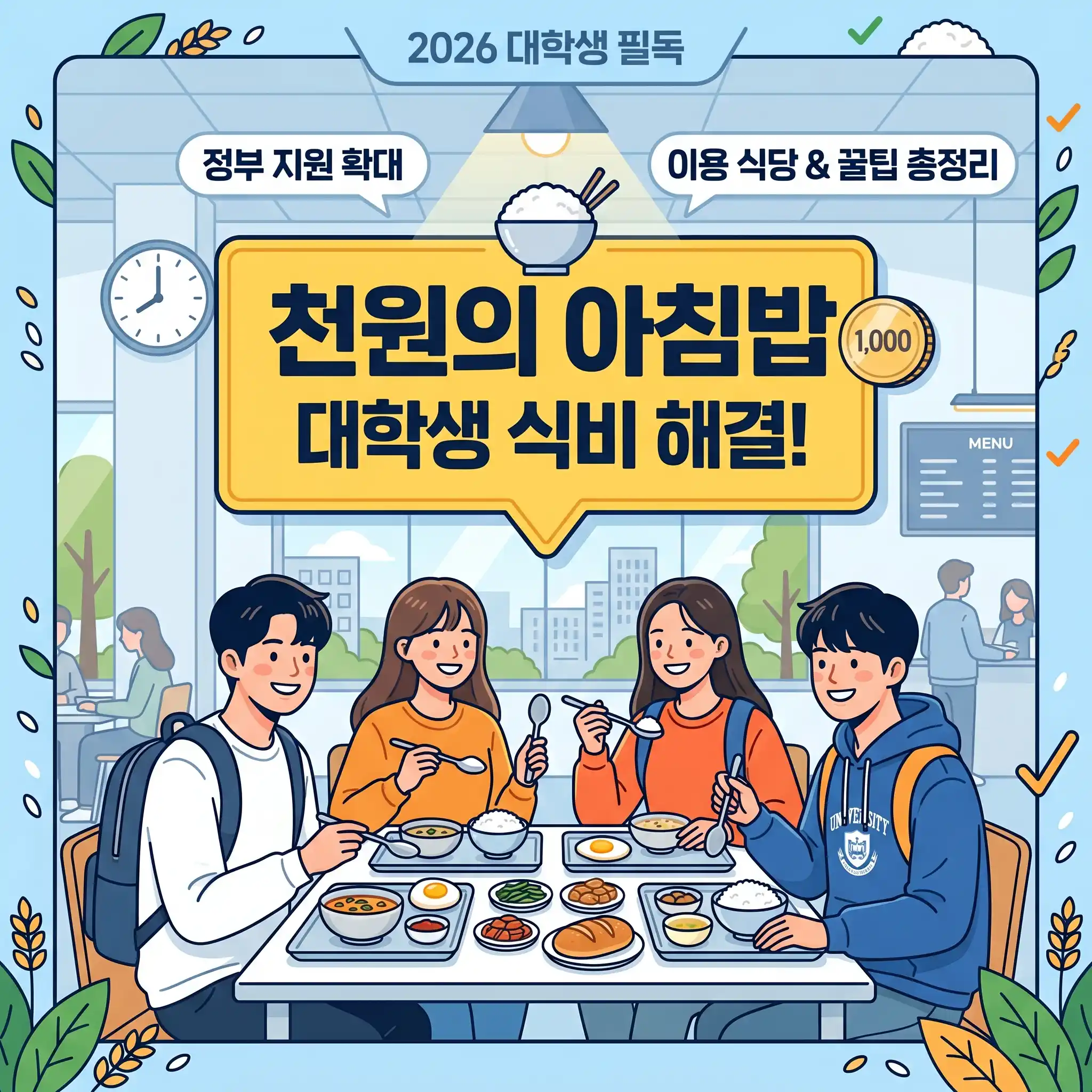 2026년 확대된 천원의 아침밥 사업을 통해 대학교 식당에서 친구들과 함께 건강하고 저렴한 아침 식사를 즐기고 있는 대학생들의 모습과 정부 지원 꿀팁 정보 안내