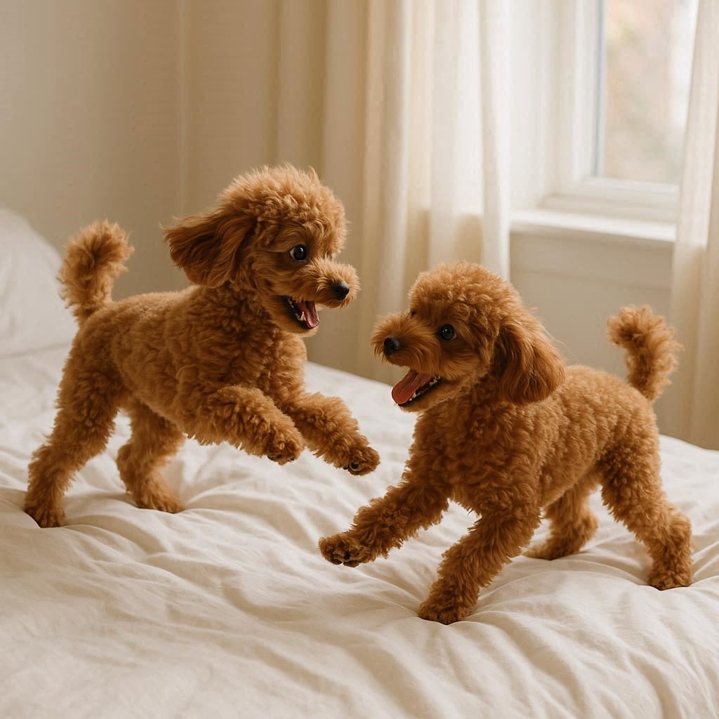 침대-위에서-장난치는-토이푸들-두-마리