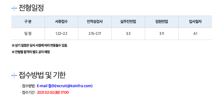한국인프라관리 전형일정 및 접수방법