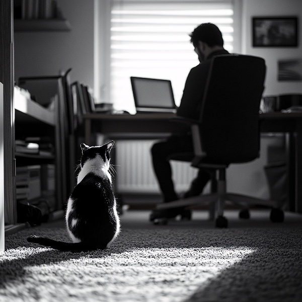 재택근무 하는 사람 뒤에 있는 고양이