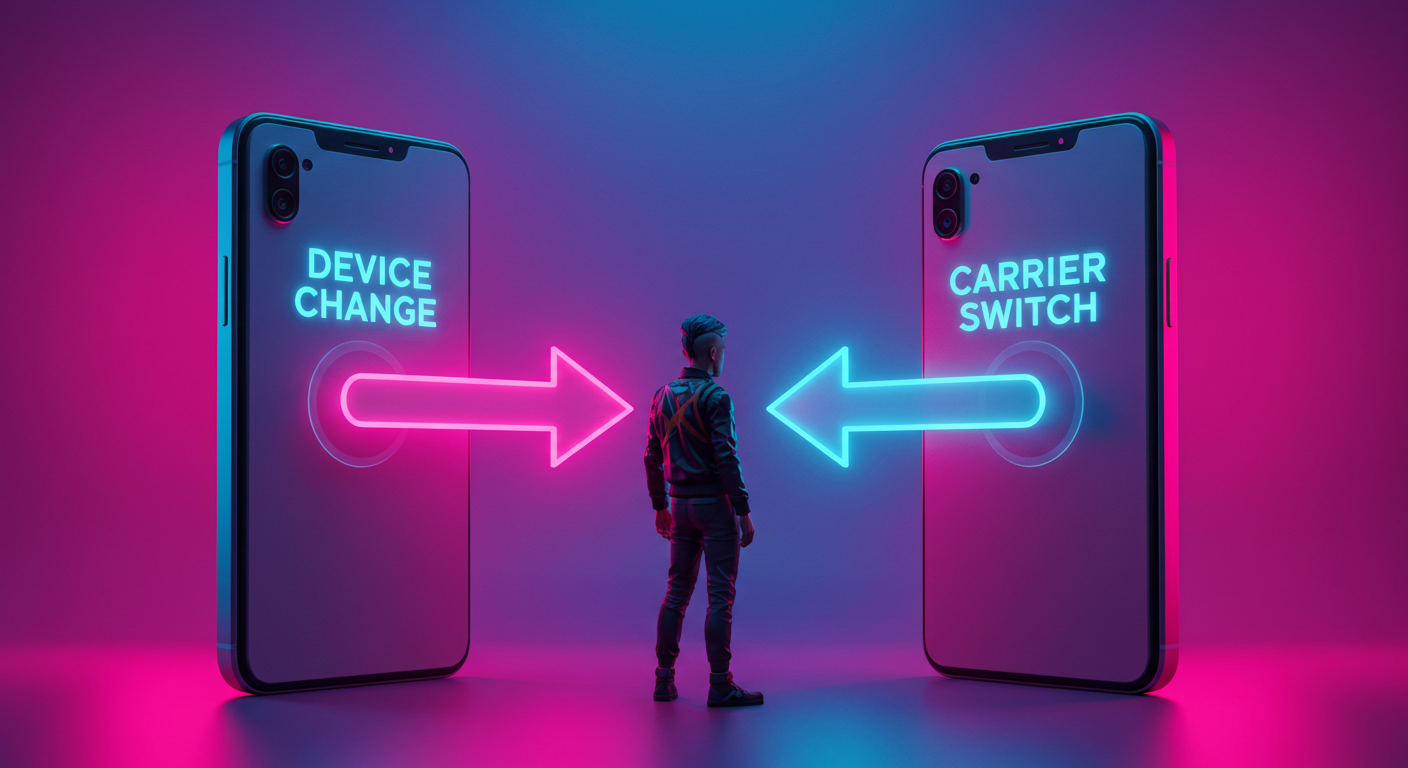 스마트폰 기기변경과 번호이동 사이에서 고민하는 사람의 일러스트