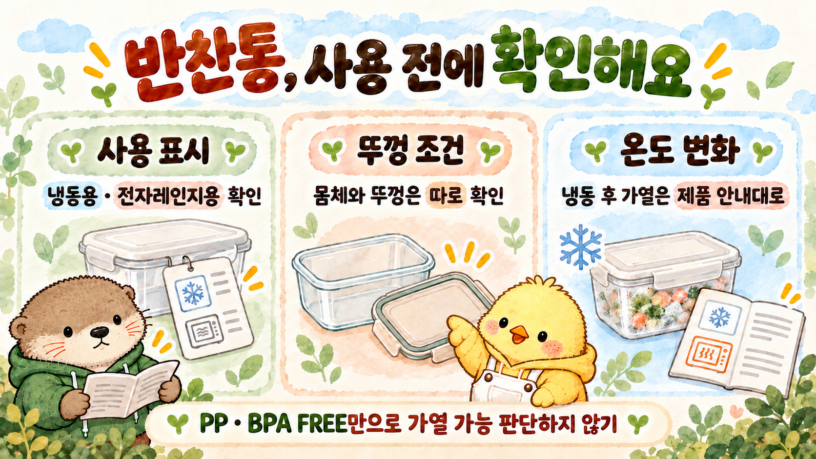 반찬통의 냉동 전자레인지 사용 표시와 뚜껑 조건 온도 변화 주의사항을 확인하는 체크리스트 이미지