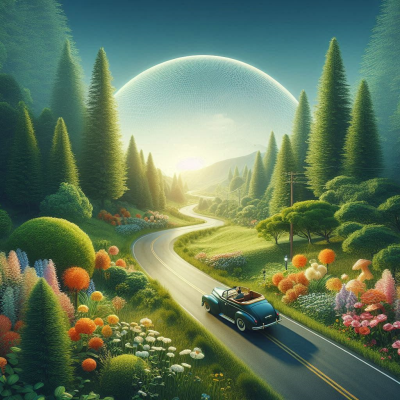 달빛 속에서 자동차와 함께 여행을 떠나는 꿈의 장면입니다.