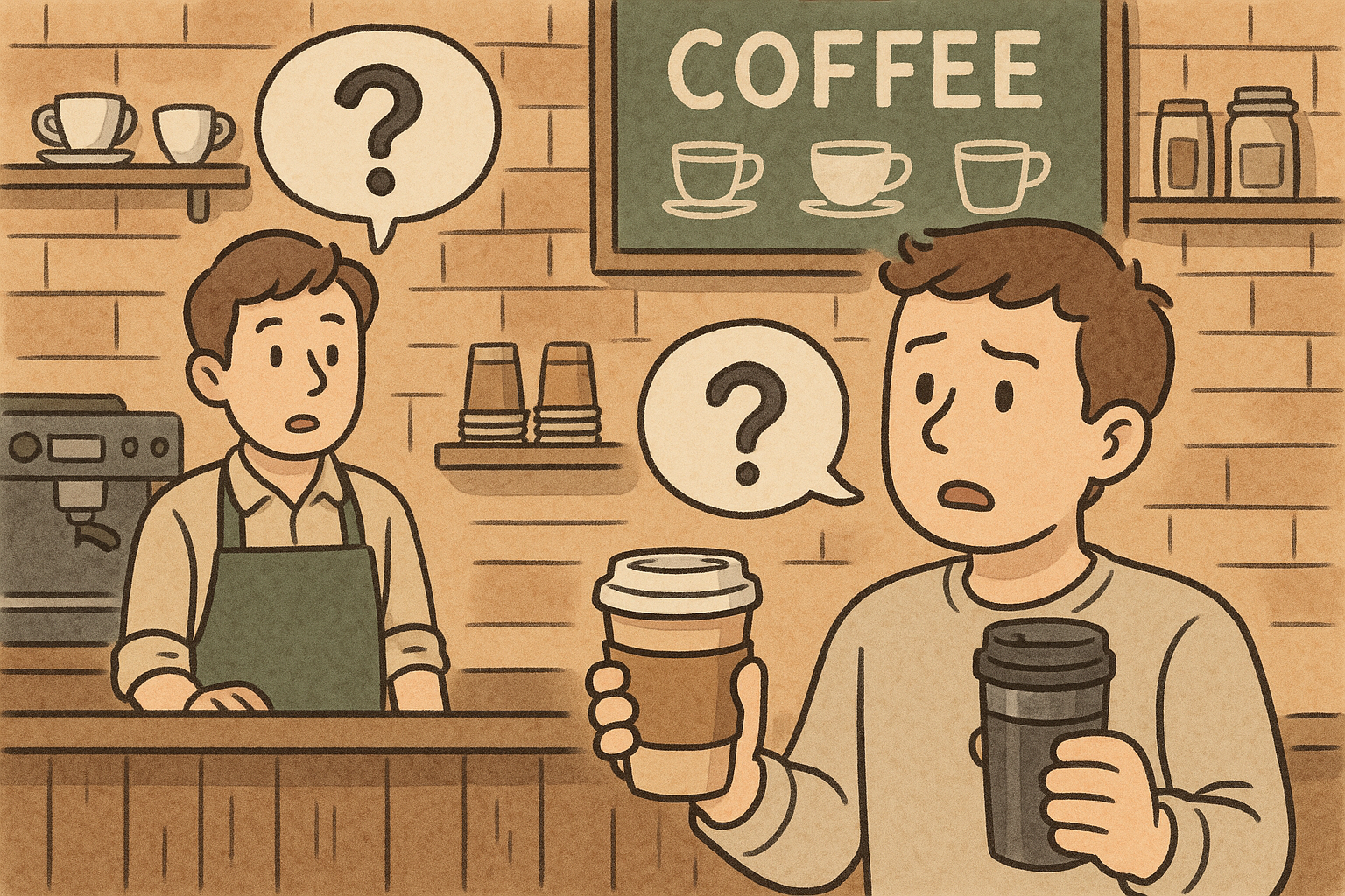 카페에서 텀블러와 플라스틱 커피잔을 들고 고민하는 모습