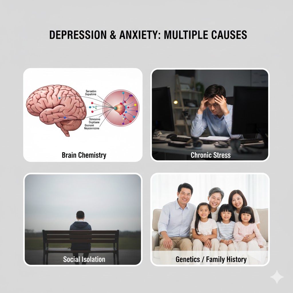 우울증 원인 뇌화학물질 스트레스 고립 유전