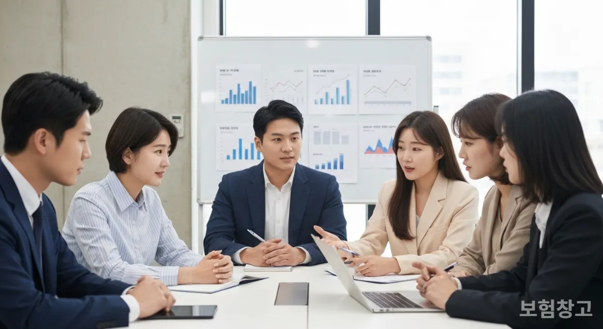 회의실에서 4대보험 관련 재무 자료를 검토하는 한국인 직장인들