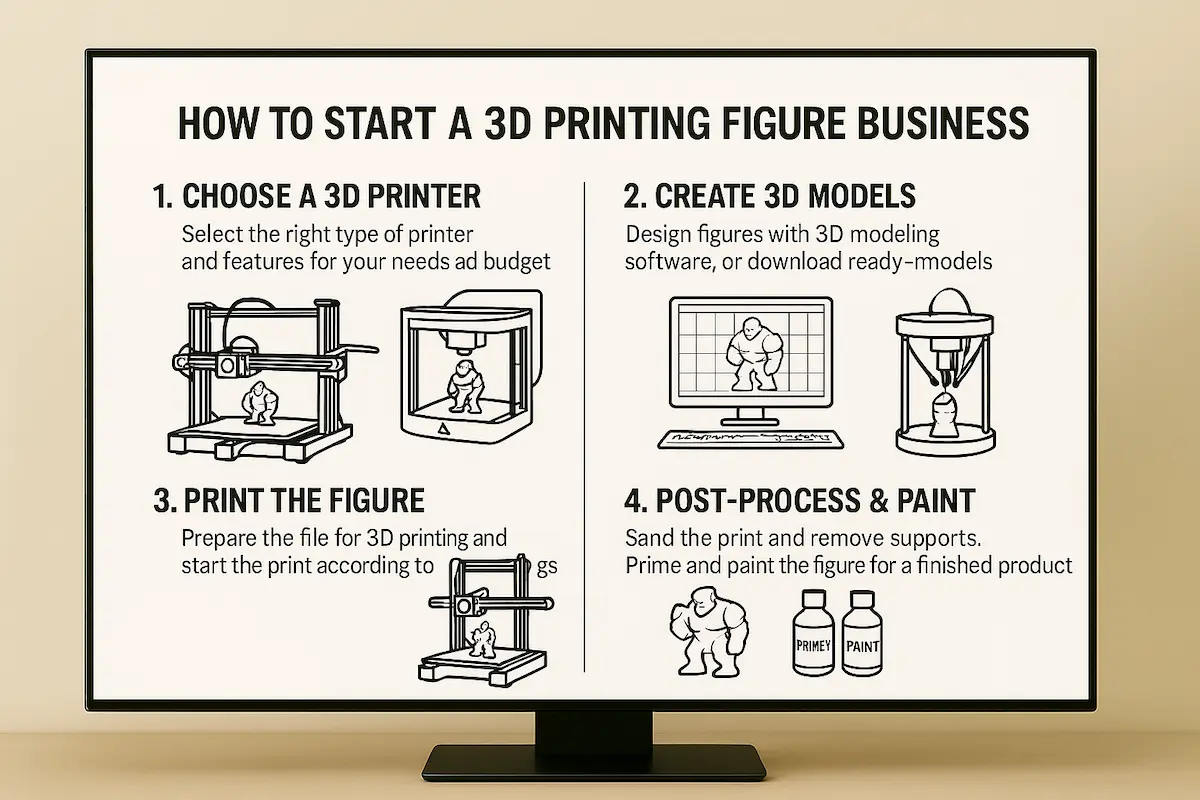 3D프린팅 피규어 비즈니스 창업을 위한 단계별 가이드가 정리된 컴퓨터 화면, 인물 없이 정보가 표시된 장면