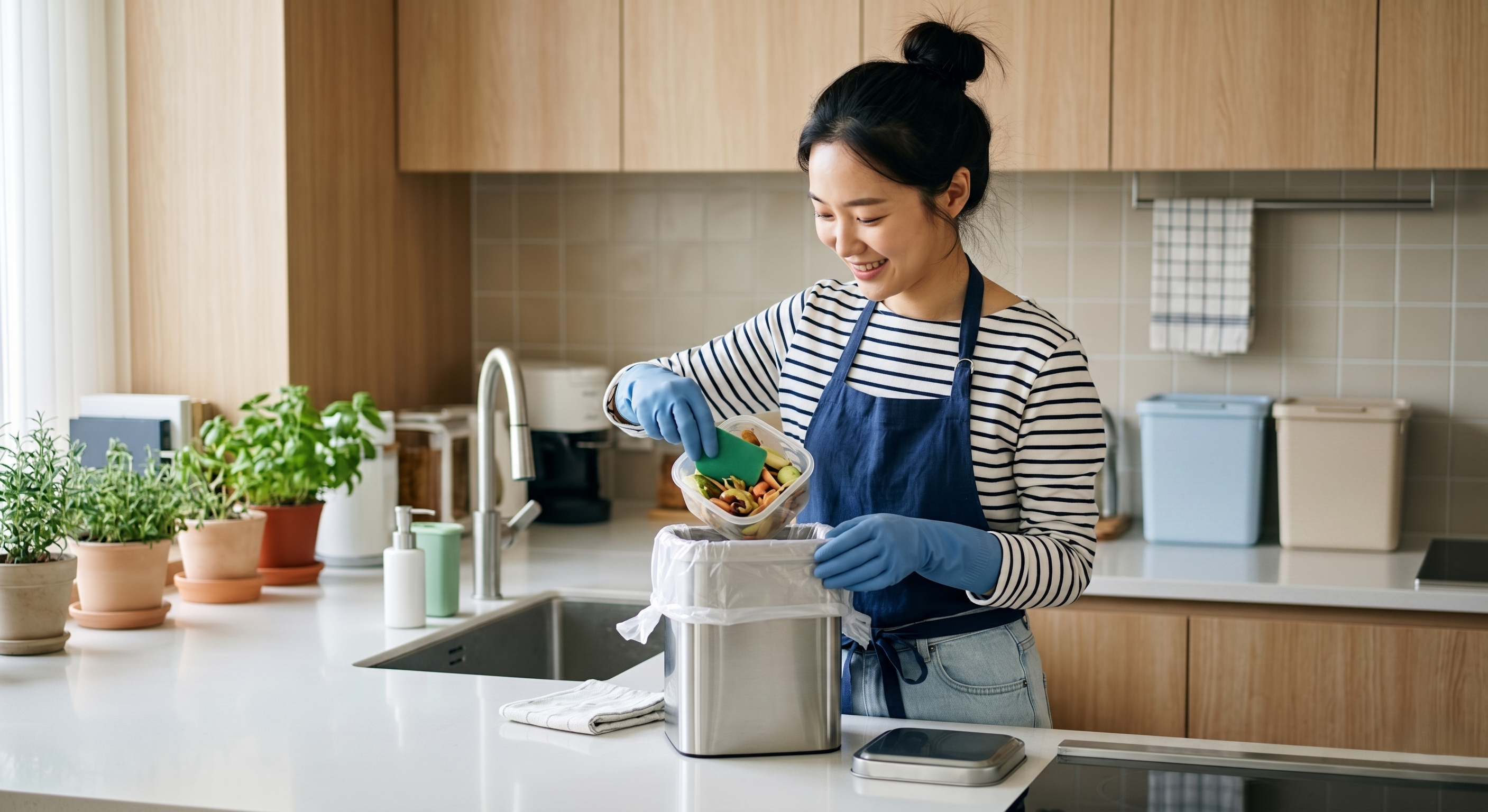 여름철 주방에서 보관용기의 음식물을 전용 수거함에 비우는 여성의 모습