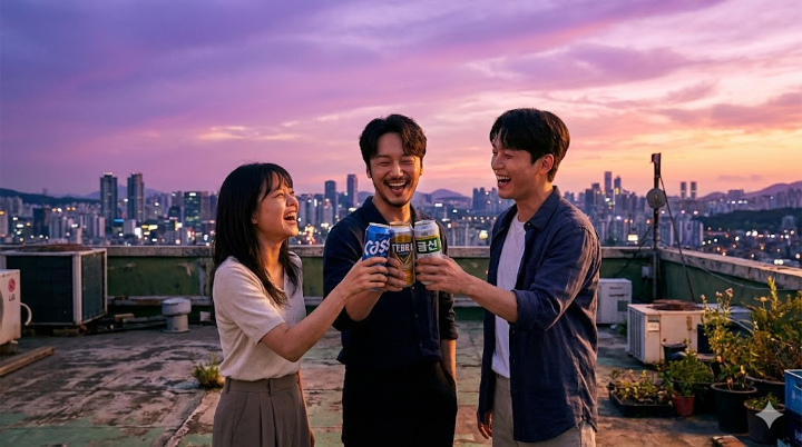 백화점 옥상 위, 보랏빛과 오렌지빛이 뒤섞인 환상적인 노을을 배경으로, 세 사람이 각자의 캔맥주를 허공에 부딪치며 세상을 향해 가장 환하고 눈부신 웃음을 터뜨리는 감동적인 명장면
