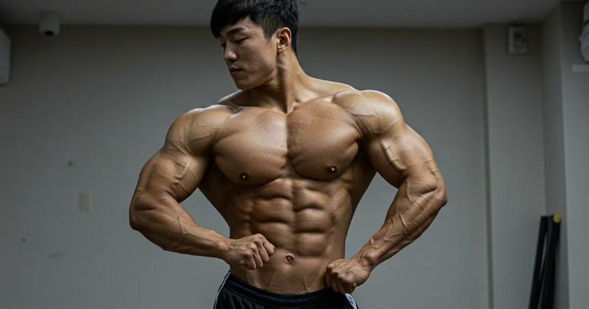 방에서 보디빌딩 포징을 하고있는 남성 이미지