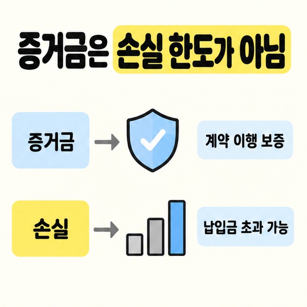 증거금은 계약 이행 보증에 연결하고 손실은 납입금 초과 가능에 연결해 증거금이 손실 한도가 아님을 설명한 도식