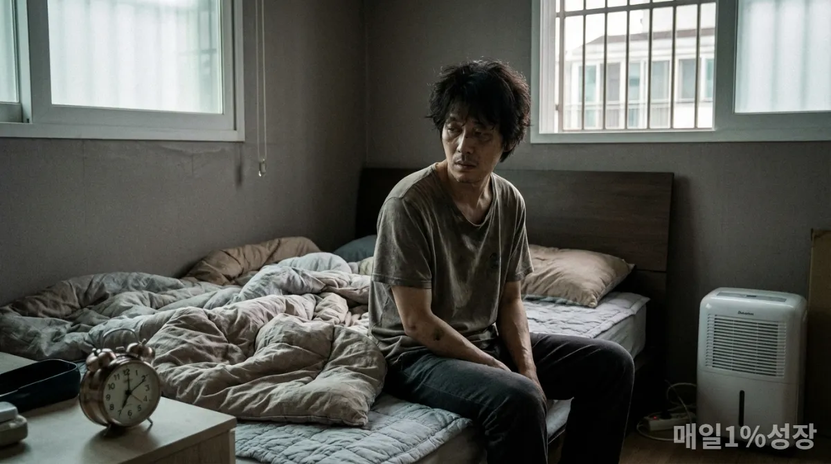 불규칙한 시간에 일어나 피곤해하는 한국인 남성