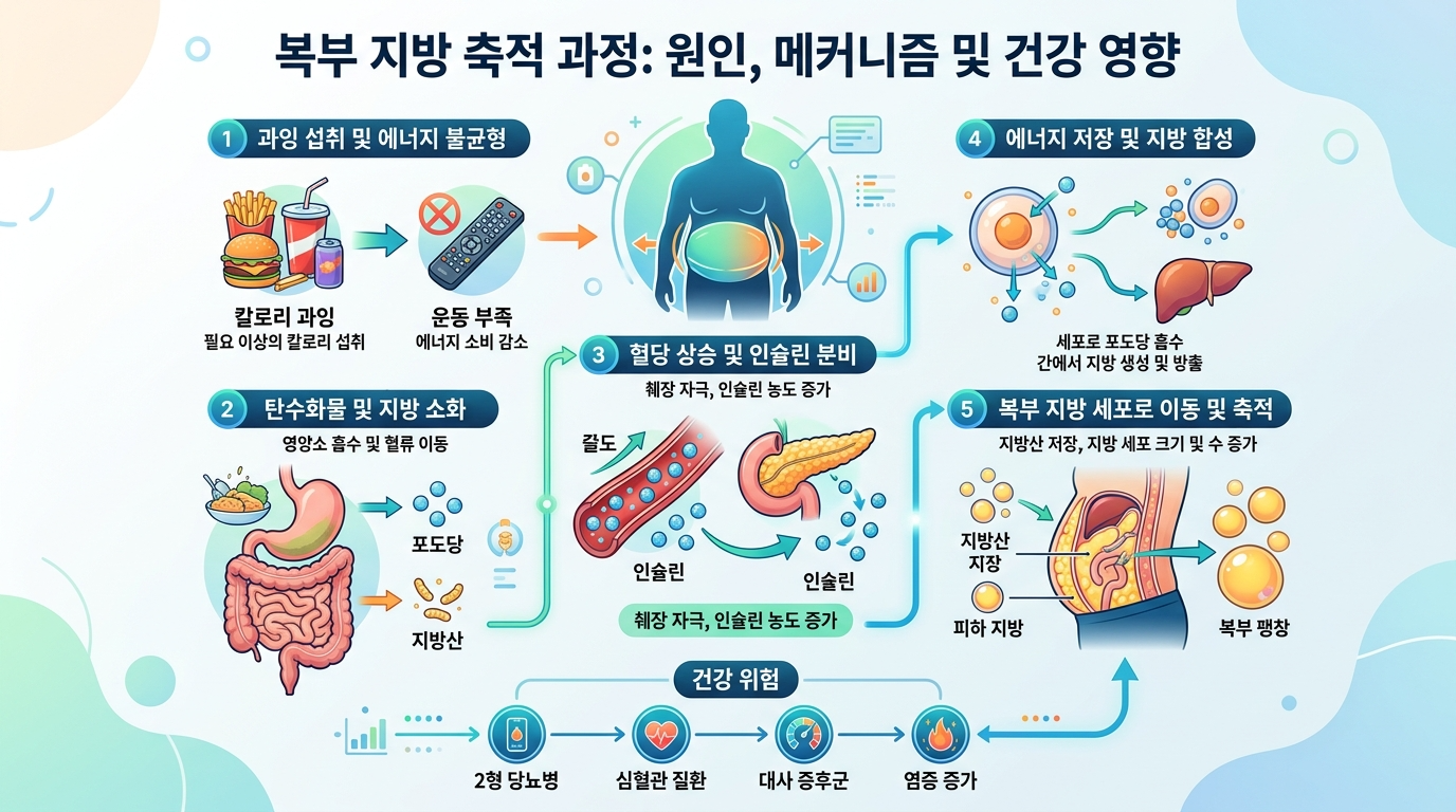 복부 지방이 생기는 원인과 과정, 그리고 그로 인한 건강 위험 요소를 단계별로 보여주는 한글 인포그래픽