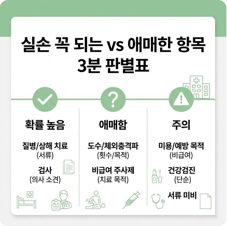 실손보험 청구 항목을 &lsquo;꼭 되는/애매한/주의&rsquo; 3구역으로 나눠 정리한 판별표 인포그래픽