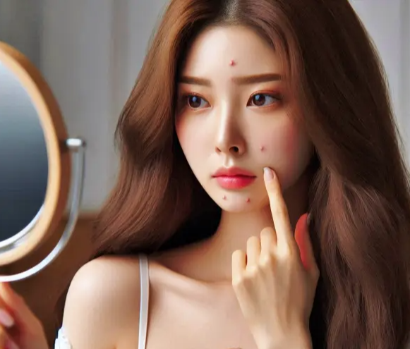 거울을 보면서 여드름과 뾰루지가 생긴 것을 확인하는 여자