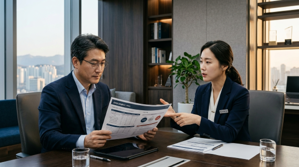 투자자가 상담실에서 펀드 핵심위험 표준안에 따른 설명 자료를 살펴보는 장면