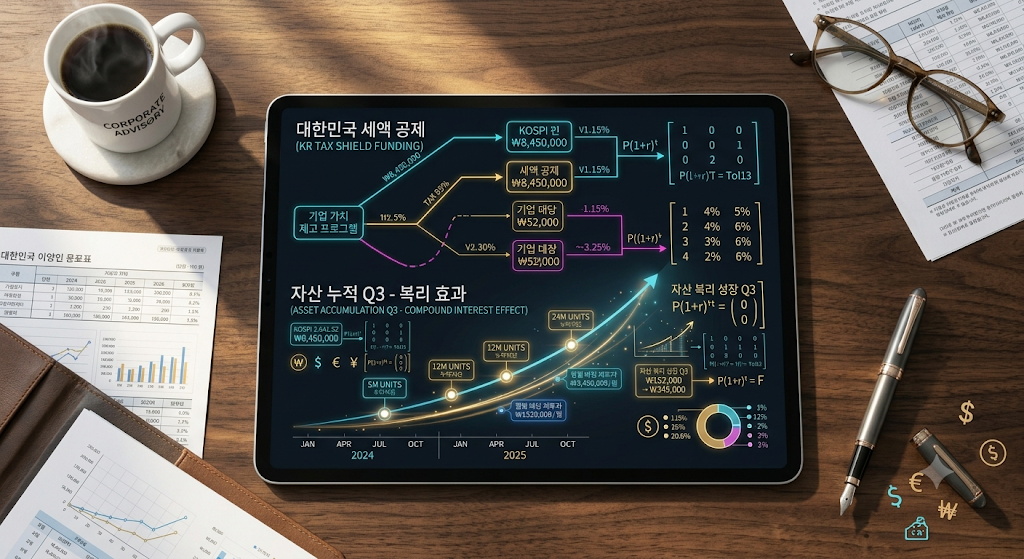 세련된 서재 테이블 위 태블릿 화면에 선명하게 정렬된 종합소득세 과표 기준 및 ISA 계좌 1.6억 우회 후 연금 계좌 이체 절세 플로우차트