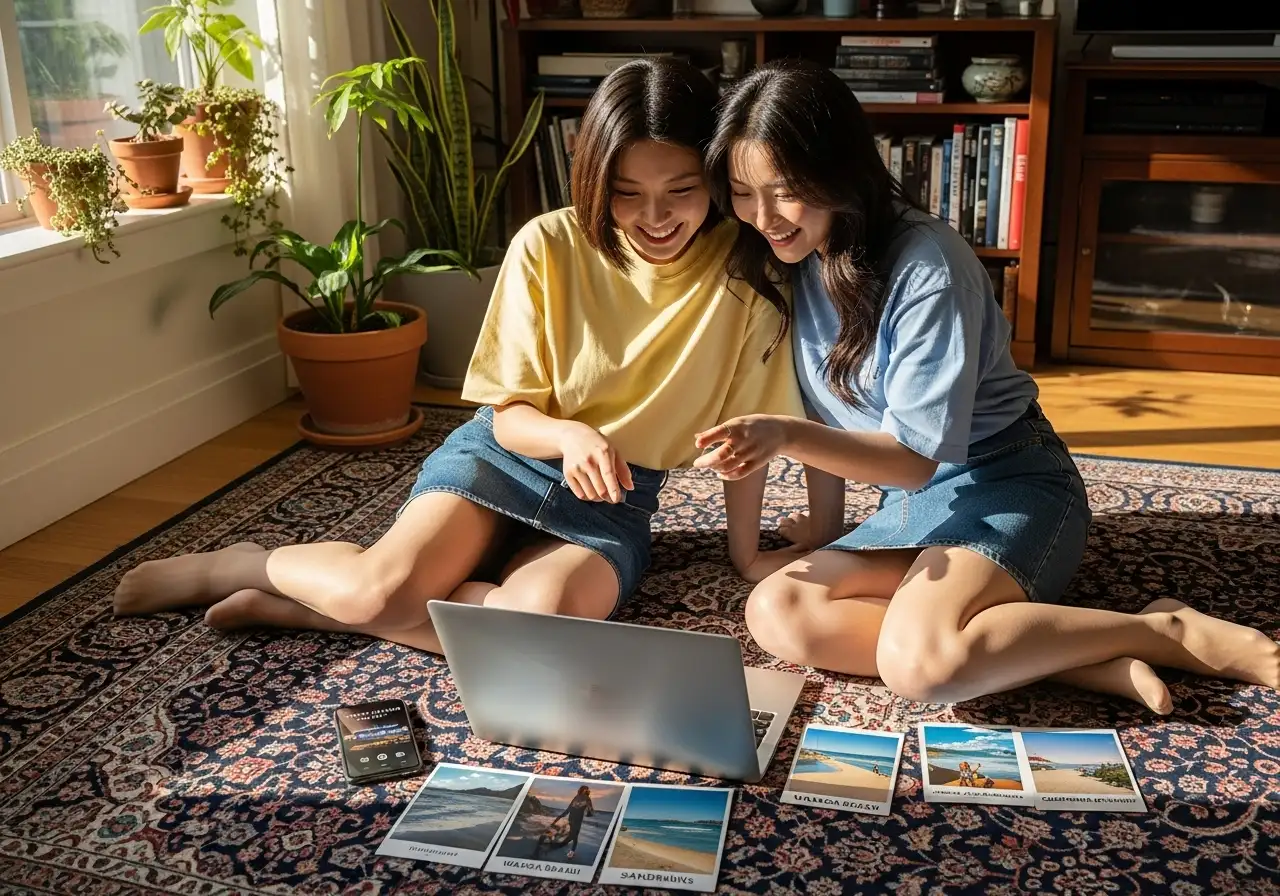 아늑한 거실에서 젊은 한국인 여성이 친구와 함께 노트북을 보며 토론토 근교 비치 여행 계획을 짜며 즐겁게 웃고 있다