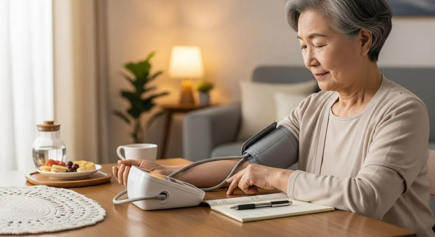 집에서 혈압 측정기로 혈압을 재고 기록하는 노인, 규칙적인 건강 관리의 중요성