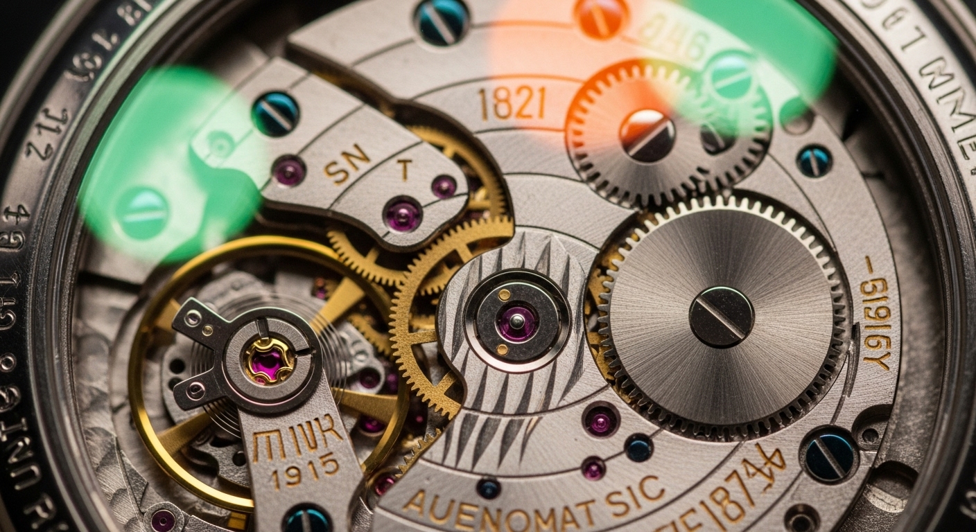 투명한 케이스백을 통해 보이는 오토매틱 시계의 정교한 무브먼트 클로즈업. 복잡한 기어와 회전하는 부품들이 기계적 아름다움을 강조합니다.