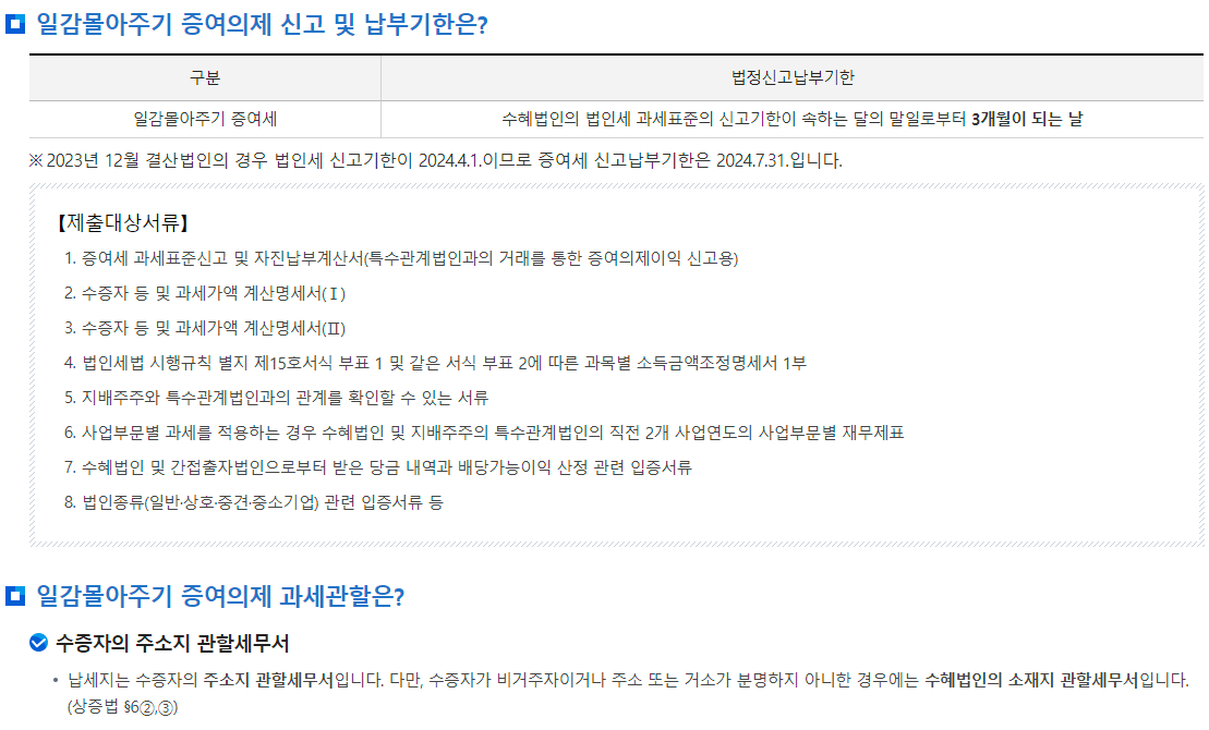 일감몰아주기 증여의제 신고 및 납부기한, 과세관할