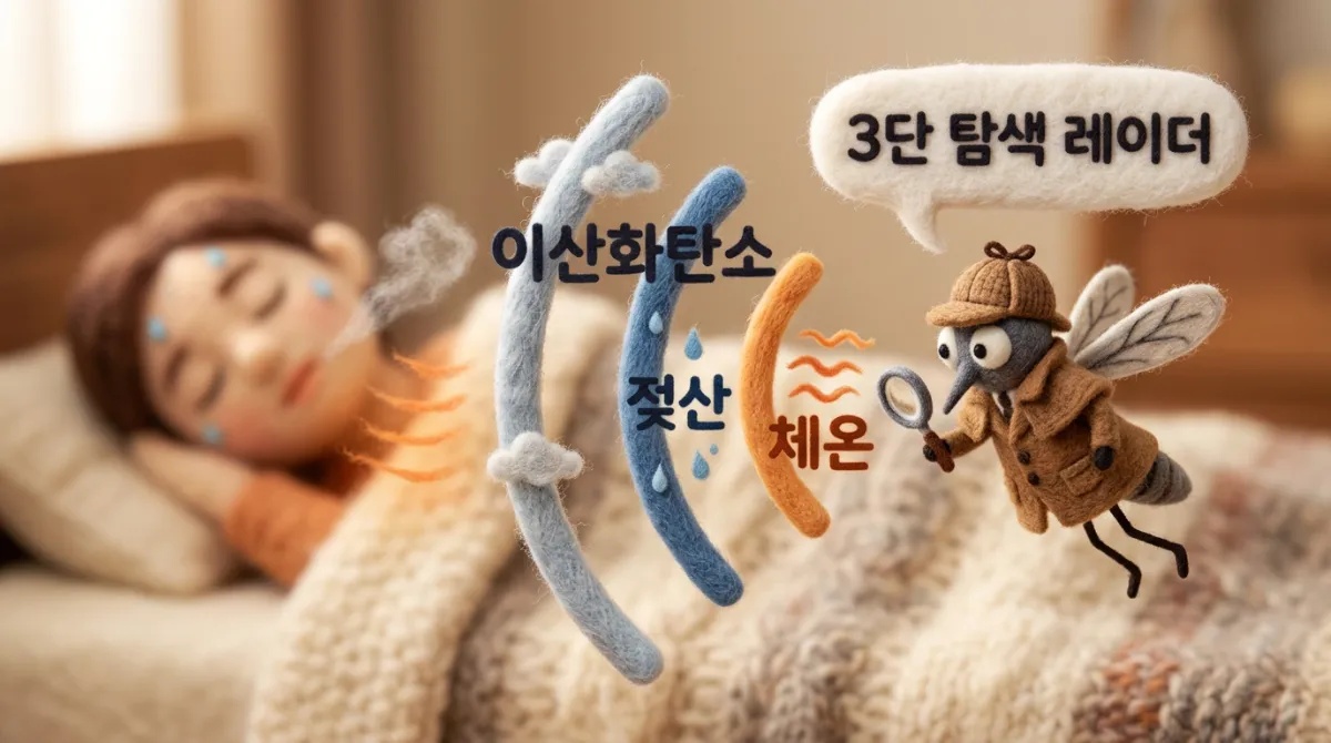 탐정 모자를 쓴 양모 펠트 모기가 돋보기로 이산화탄소, 젖산, 체온 레이더 파장을 감지하는 교육용 일러스트, 3단 탐색 레이더 말풍선 포함, 니들 펠트 스타일