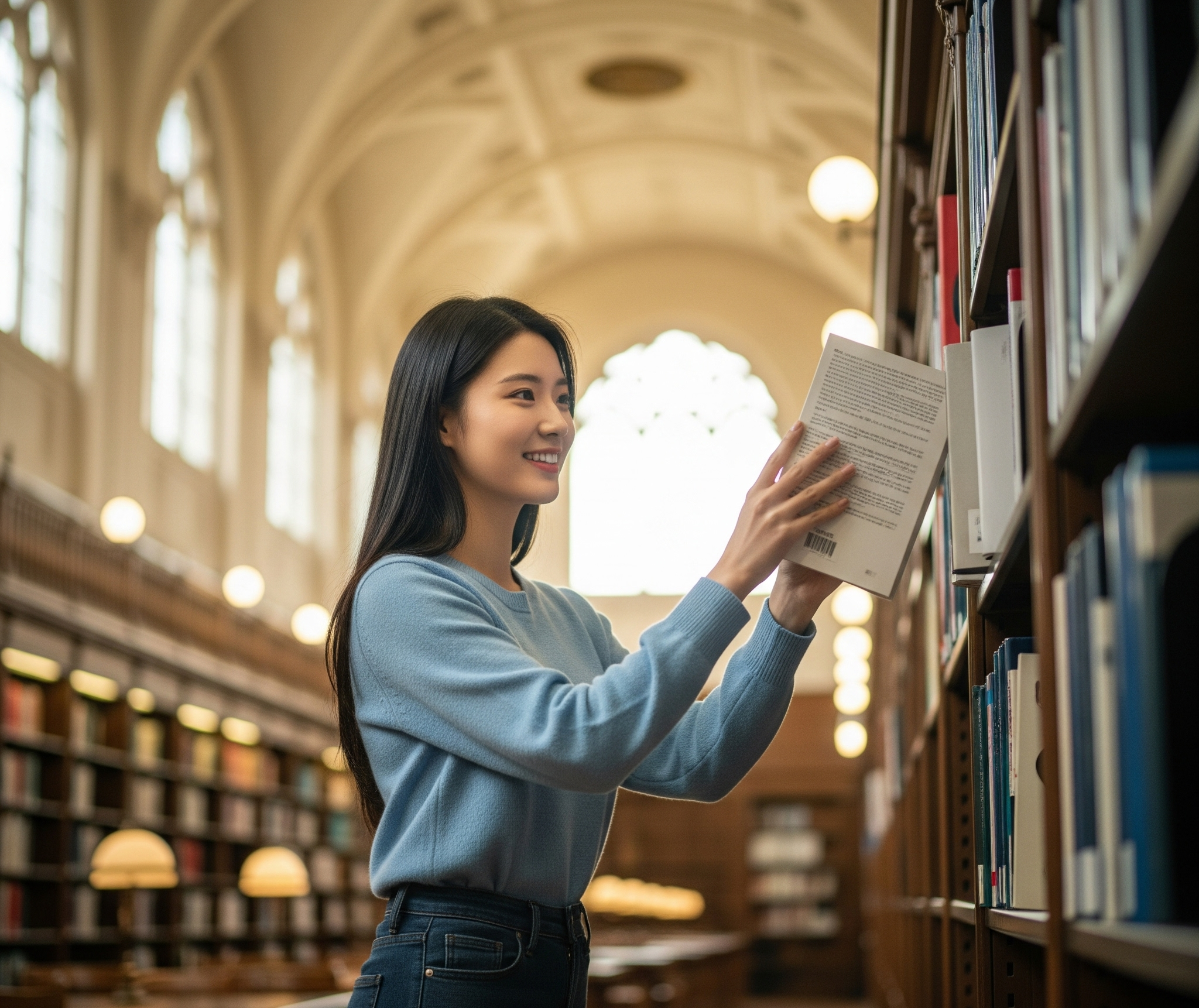 도서관에서 책을 고르는 대학생 여자