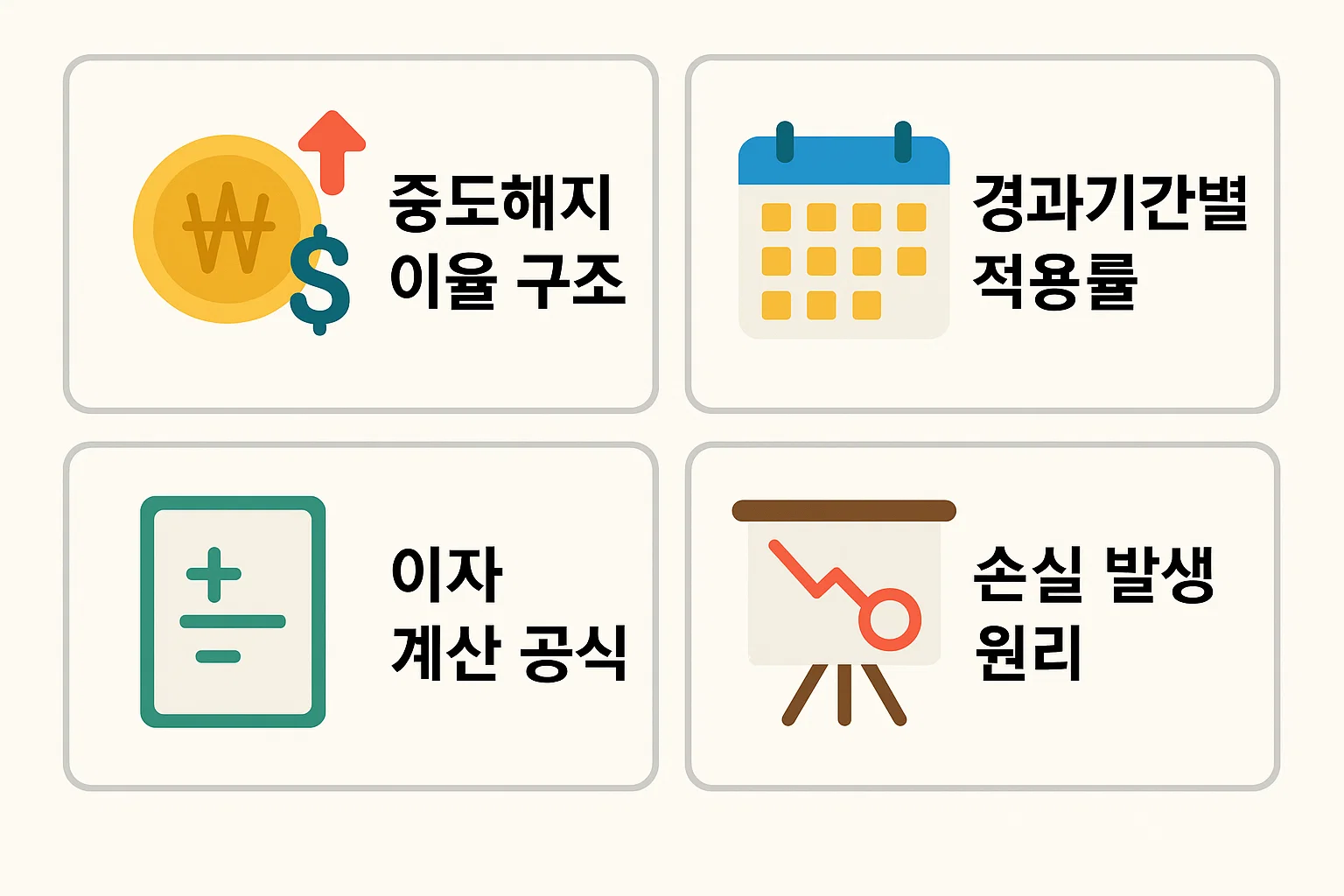 중도해지 이율 구조, 경과기간별 적용률, 이자 계산 공식, 손실 발생 원리 등 이율 계산의 기본을 시각화한 인포그래픽.