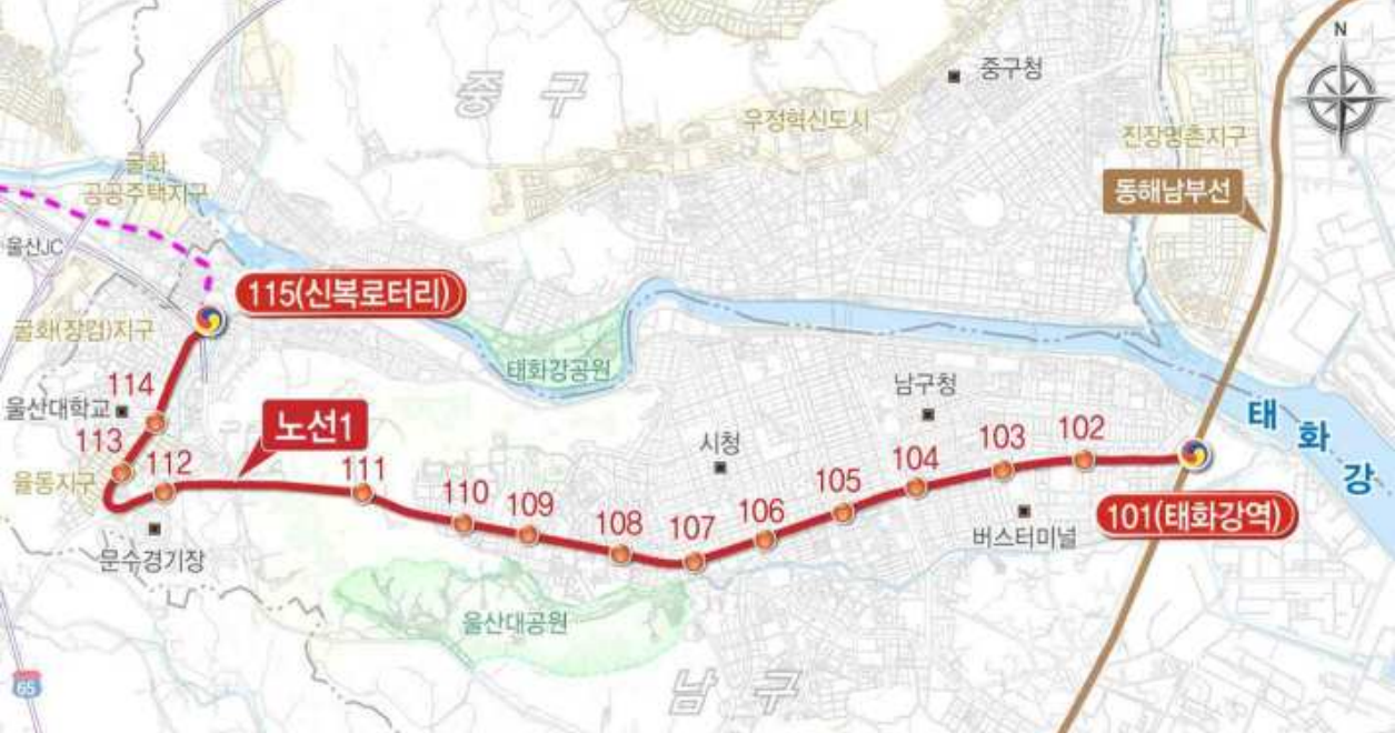 울산광역시-노면열차-트램-1호선-예정-노선도-이미지