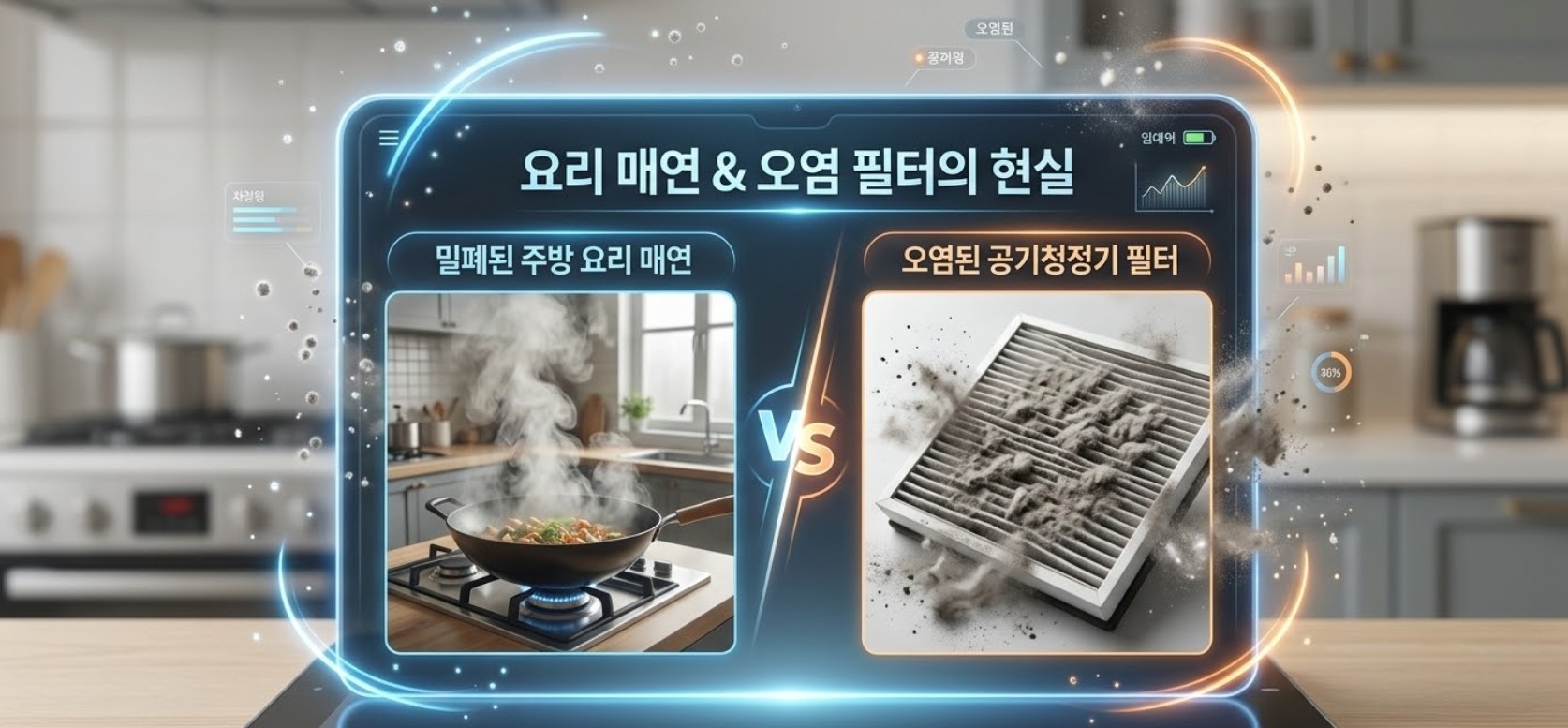 환기가 어려운 실내 주방에서 발생하는 요리 매연과 공기청정기 내부의 심각하게 오염된 필터 상태