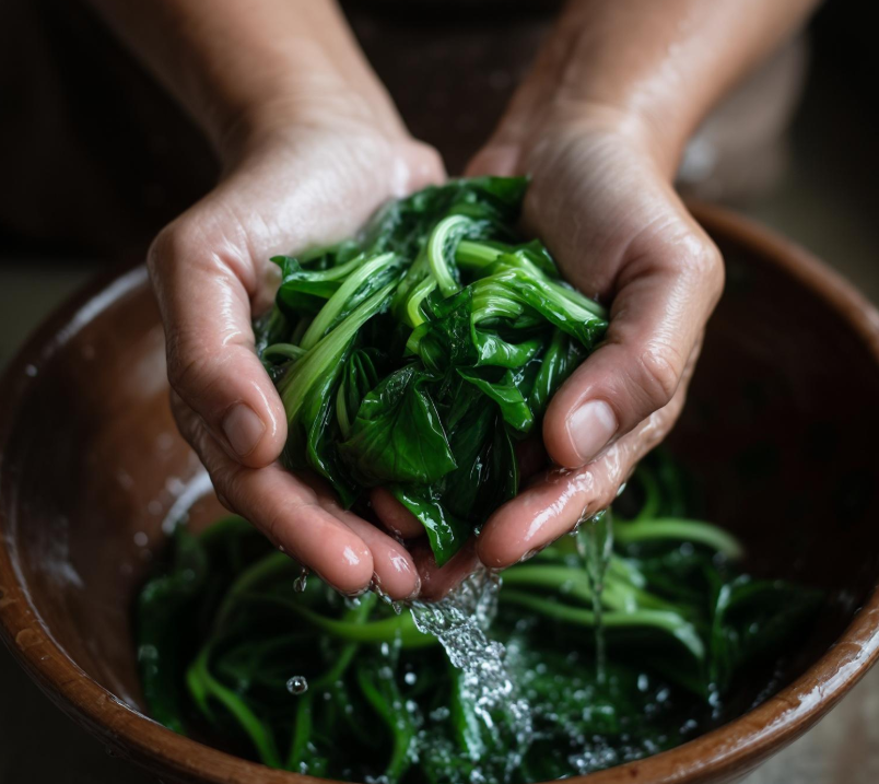 데친 미나리를 찬물에 헹군 뒤, 두 손으로 물기를 꽉 짜서 볼에 담고 있는 모습