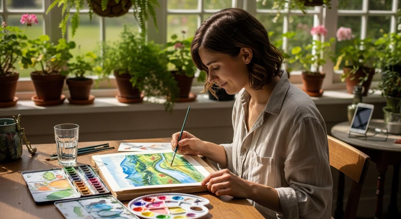 스마트폰 대신 그림을 그리며 여유로운 시간을 보내는 사람의 모습