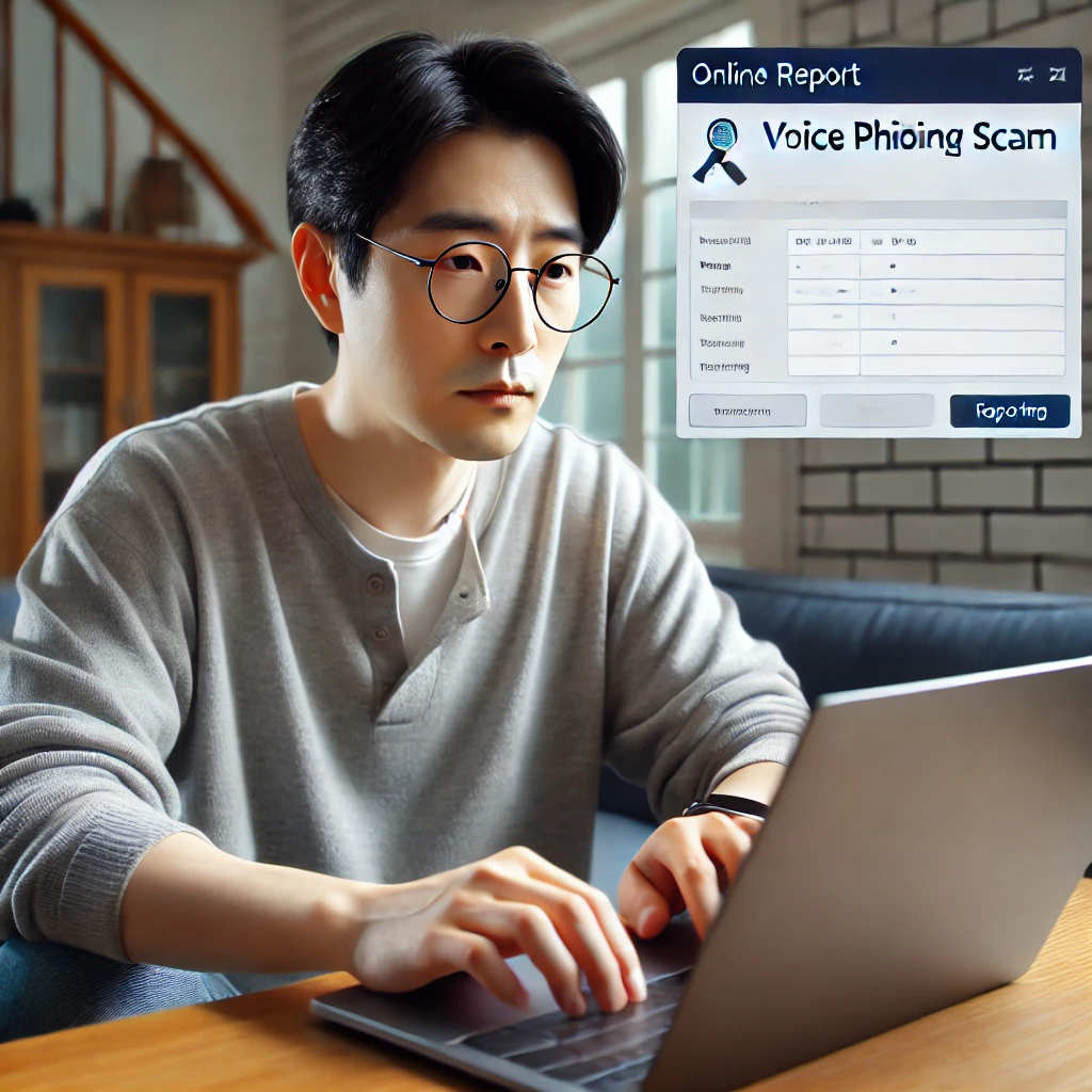 한국 남성이 집에서 노트북을 사용하여 보이스피싱 피해를 온라인으로 신고하는 모습. 그는 진지하고 집중한 표정을 짓고 있다.