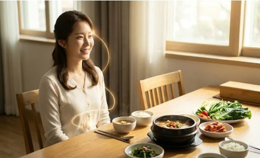 건강한 한식 밥상과 뇌와 장이 연결된 여성 모습