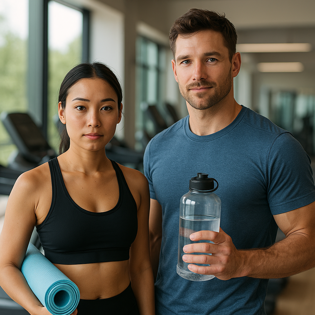 요가매트를 든 여자와 물병을 든 남자의 모습