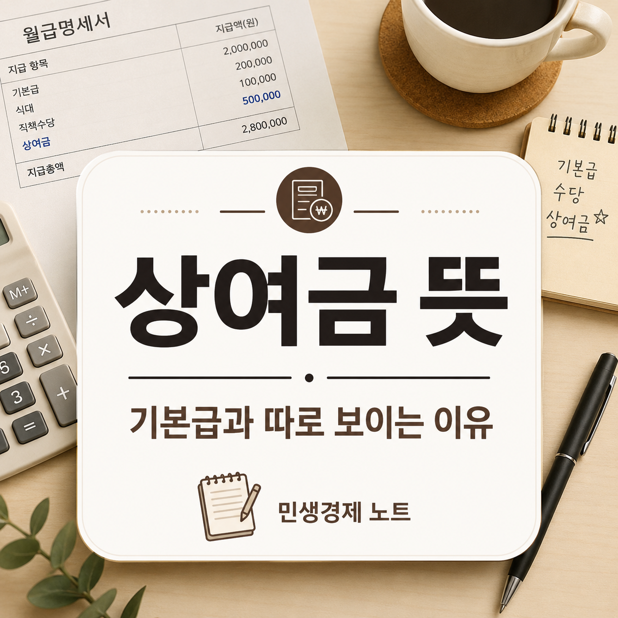 첫 월급명세서를 확인하는 사회 초년생이 상여금과 기본급의 차이를 공부하는 생활경제 노트형 대표 이미지