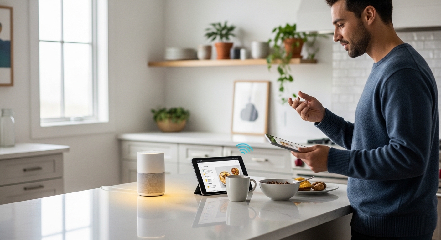 주방에서 스마트 스피커에게 아침 날씨를 묻고 있는 편안한 모습의 사람