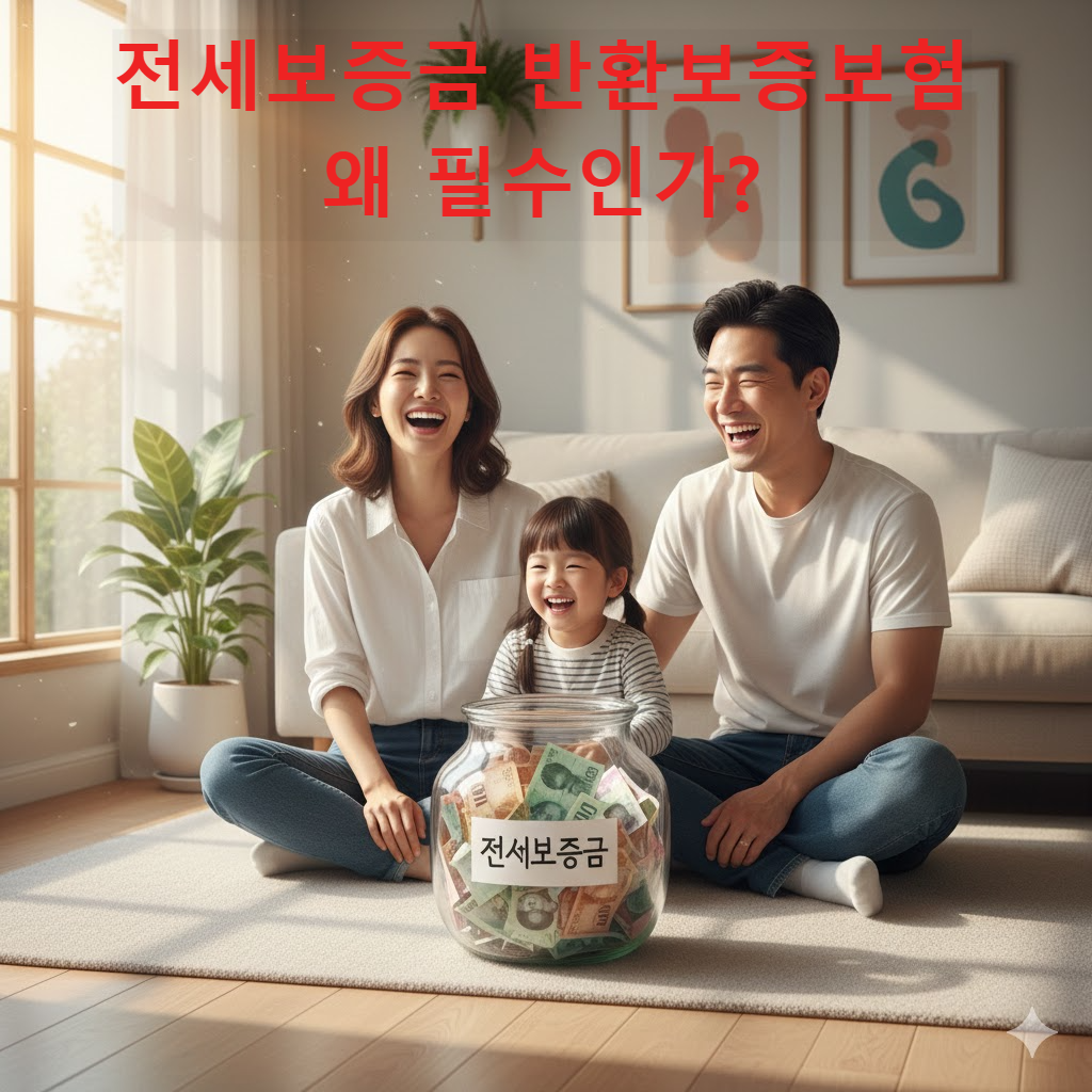 따뜻하고 아늑한 거실에서 전세보증금을 안전하게 지킨 가족이 행복해하는 모습