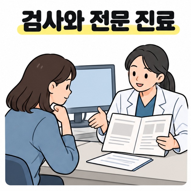 검사와 전문 진료라는 제목 아래 의사가 펼친 검사 자료를 설명하고 환자가 듣는 모습