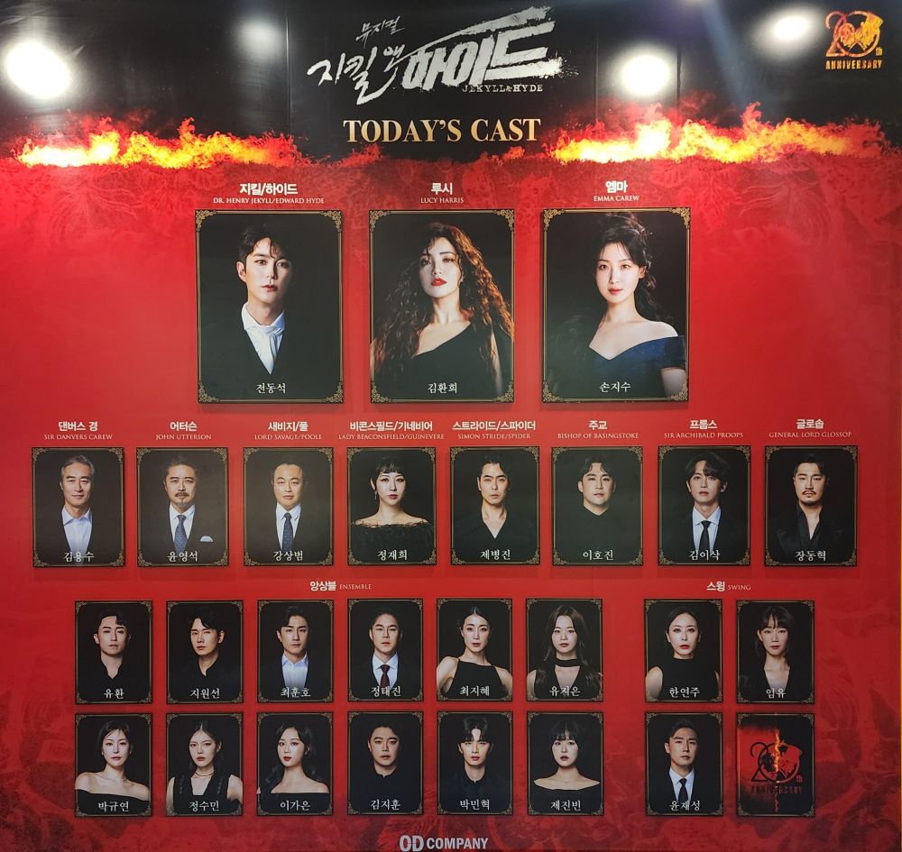 2024년 12월 27일 뮤지컬 지킬앤하이드 낮공 캐스팅 보드
지킬/하이드 역 - 전동석
루시 역 - 김환희
엠마 역 - 손지수
댄버스 경 역 - 김용수
어터슨 역 - 윤영석
새비지/폴 역 - 강상범
비콘스필드/기네비어 역 - 정재희
스트라이드/스파이더 역 - 제병진
주교 역 - 이호진 (이형준에서 교체)
프룹스 역 - 김이삭
글로솝 역 - 장동혁
앙상블 - 유환 지원선 최훈호 정태진 최지혜 유지은 박규연 정수민 이가은 김지훈 박민혁 제진빈
스윙 - 한연주 임유 윤재성