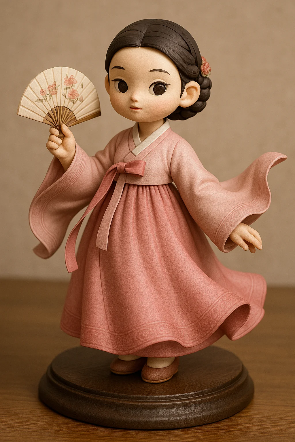 분홍빛 전통 한복을 곱게 차려입은 한국 여성 캐릭터 피규어. 손에는 부채를 들고 있고, 긴 소매가 자연스럽게 흩날린다. 고풍스러운 디테일과 아트토이 느낌의 고급 피규어