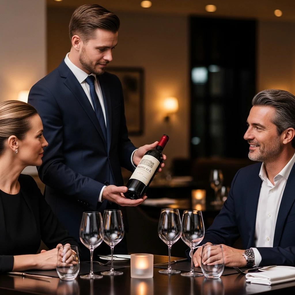 소믈리에가 테이블에서 와인을 설명하는 장면