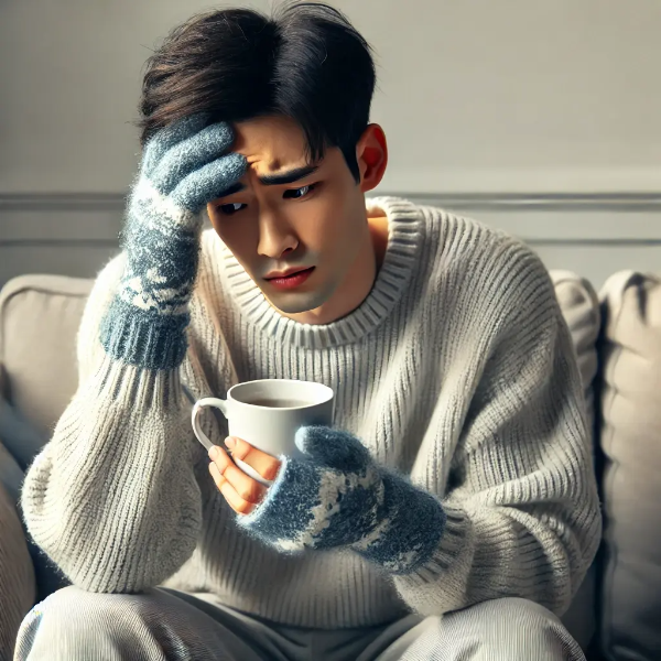 소파에 앉아 따뜻한 차를 들고 손을 비비며 당황스러워하는 젊은 동양 남성