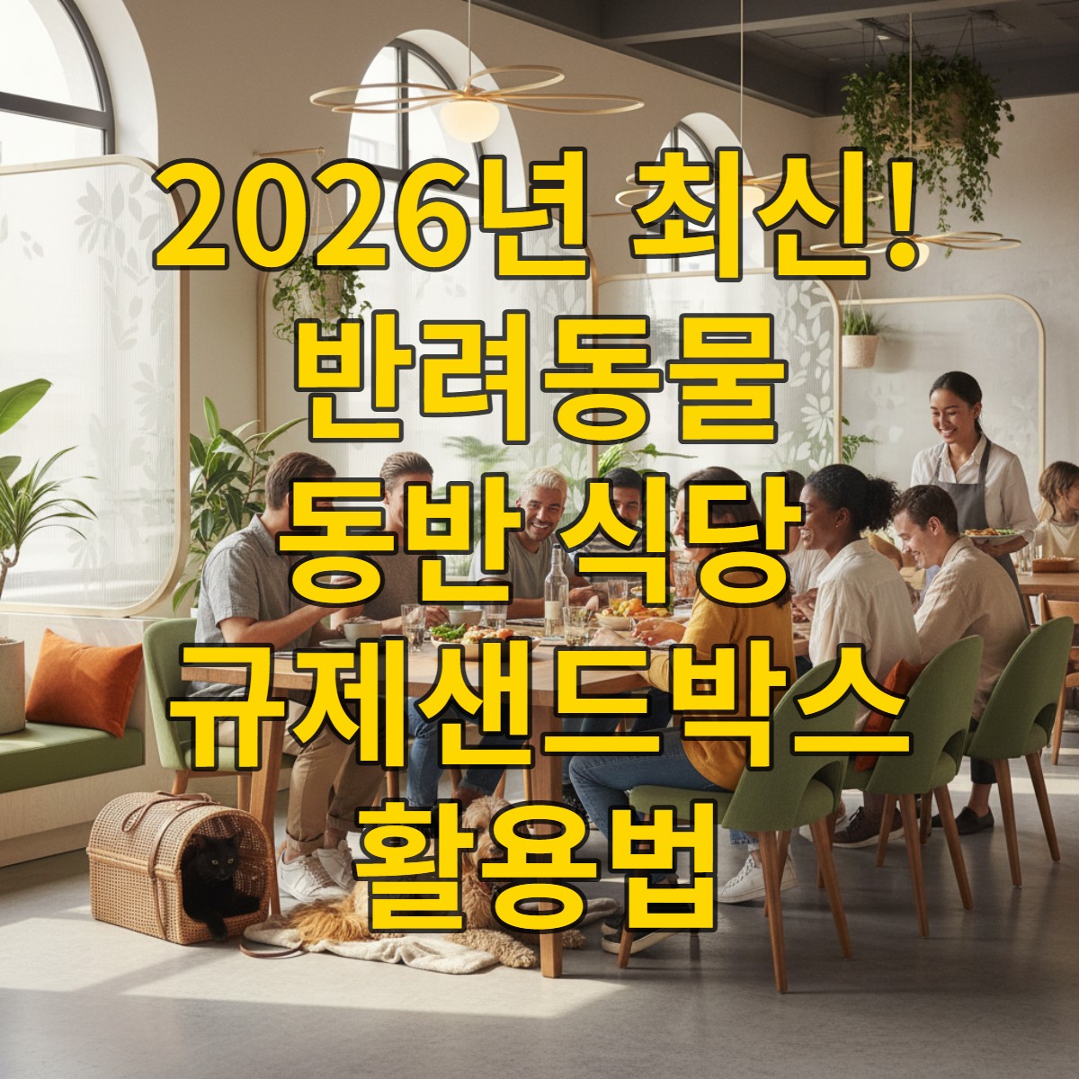 2026년 3월 1일, 반려동물 동반 출입법 시행 후 반려동물과 보호자가 함께 식사하는 안전하고 위생적인 식당 내부 모습. 칸막이와 쾌적한 인테리어가 돋보이는 공간.
