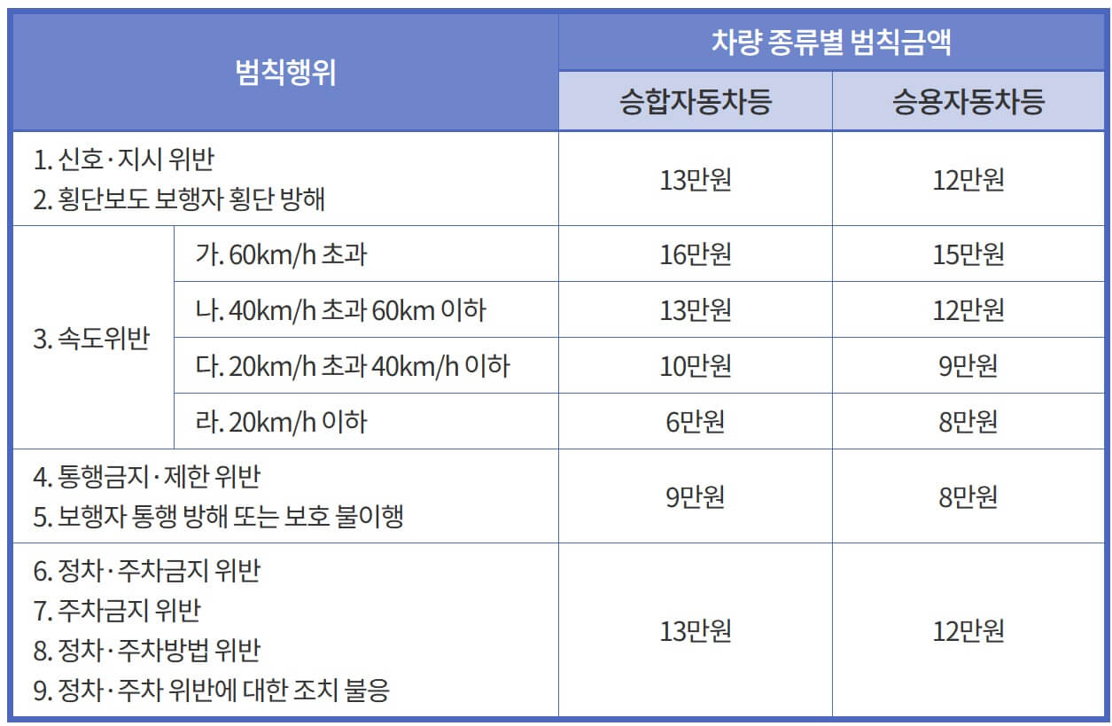 어린이 보호구역 스쿨론 범칙행위 및 벌금