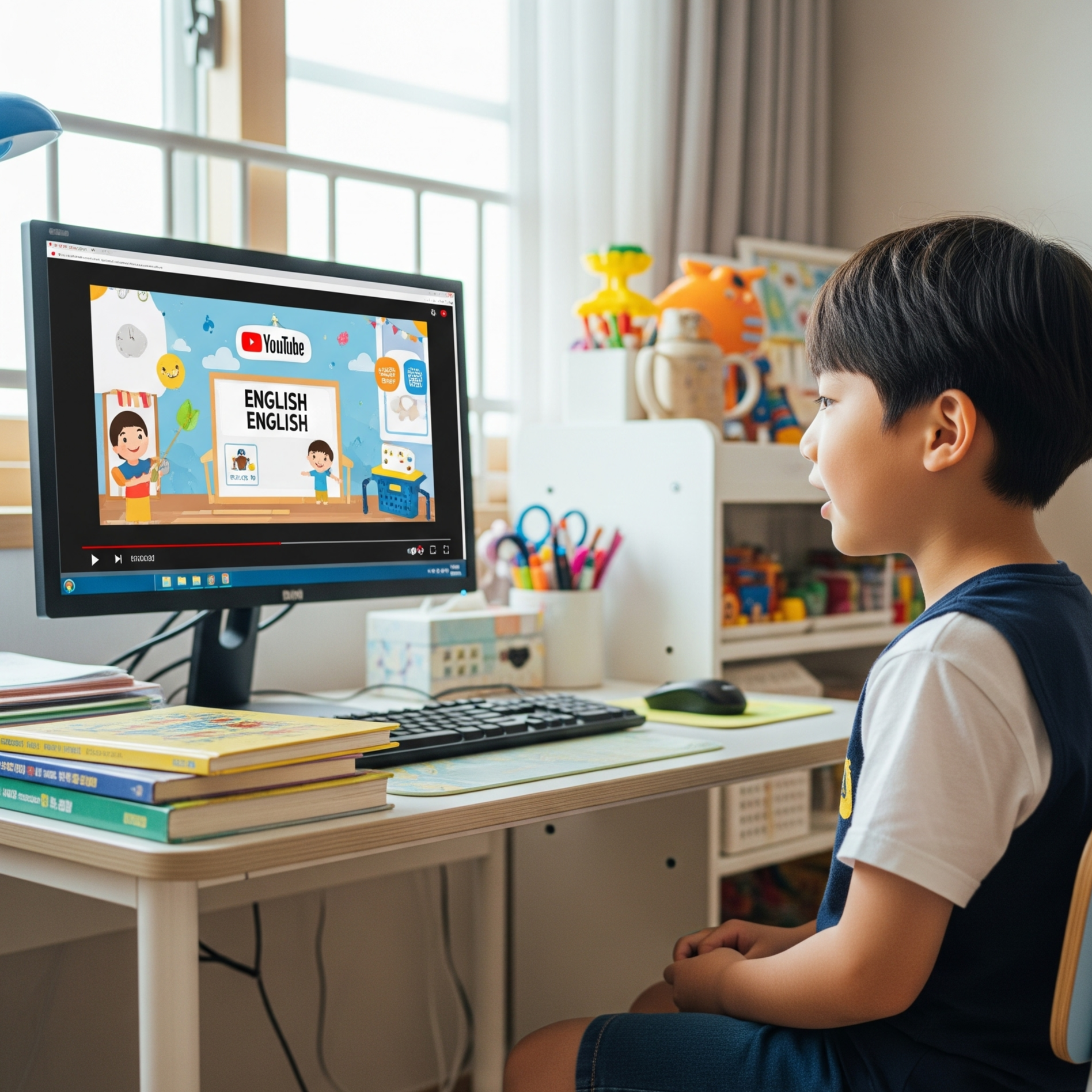 영어 유튜브 채널을 보고 있는 초등학생 어린이