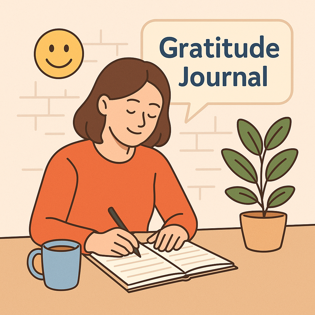 감사일기를 쓰며 미소 짓는 사람과 함께 테이블 위에 커피잔과 화분이 놓인 따뜻한 일러스트